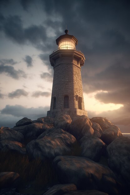 View of lighthouse tower with beacon of light