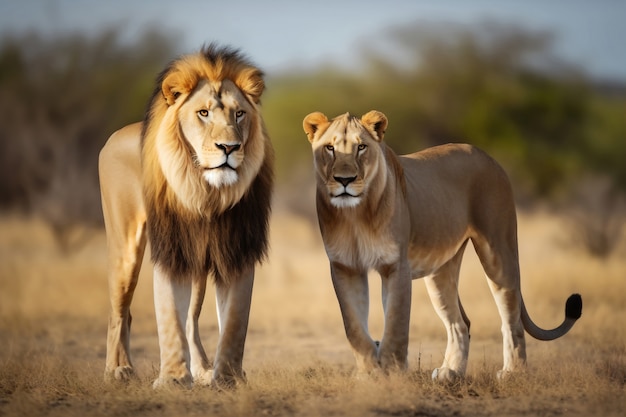 Вид на львицу и льва в дикой природе