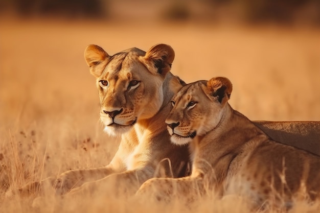 View of lioness with cub in the wild