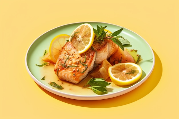 Free photo view of mahi-mahi fish dish with lemon slices