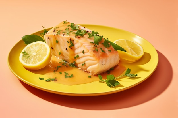 Foto gratuita vista del piatto di pesce mahi-mahi con fette di limone