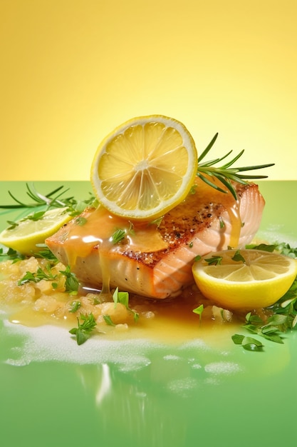 Foto gratuita vista del piatto di pesce mahi-mahi con fette di limone