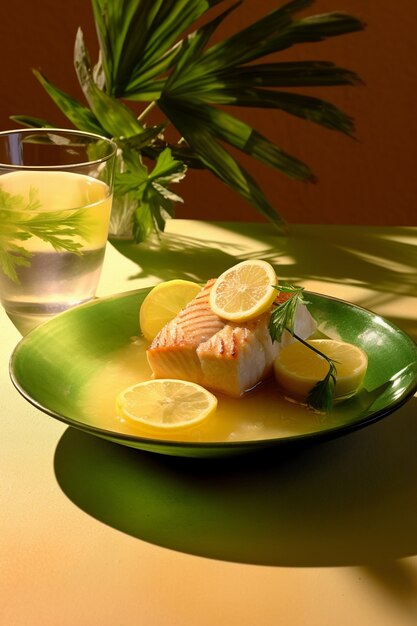 View of mahi-mahi fish dish with lemon slices