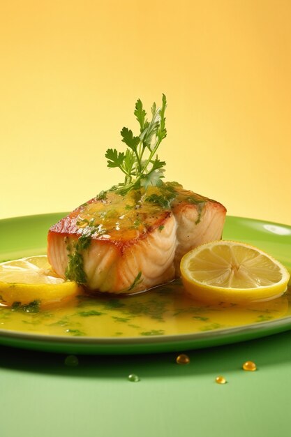 View of mahi-mahi fish dish with lemon slices