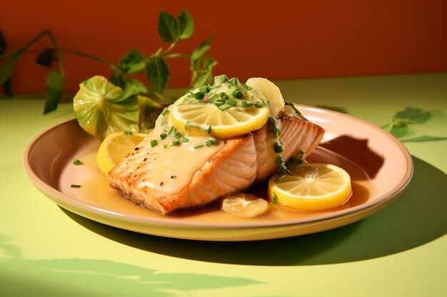 Vista del piatto di pesce mahi-mahi con fette di limone