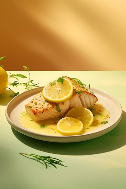 View of mahi-mahi fish dish with lemon slices