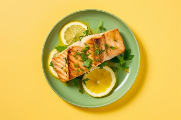 Foto gratuita vista del piatto di pesce mahi-mahi con fette di limone