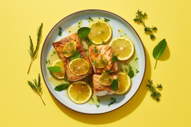 View of mahi-mahi fish dish with lemon slices