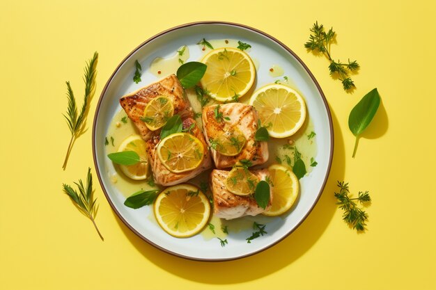 Вид на рыбное блюдо махи-махи с ломтиками лимона