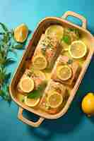 Free photo view of mahi-mahi fish dish with lemon slices