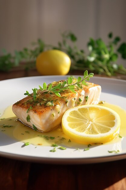 View of mahi-mahi fish dish with lemon slices