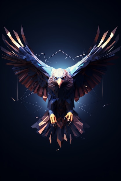 View of majestic 3d eagle with feathers and wings wide open