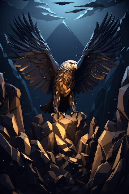 View of majestic 3d eagle with feathers and wings wide open