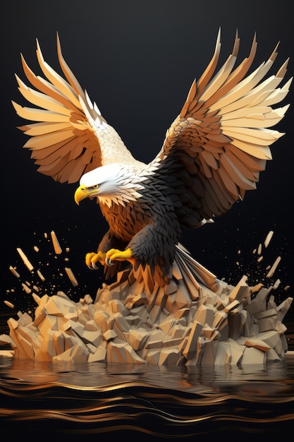 Вид на величественного трехмерного орла с широко раскрытыми перьями и крыльями