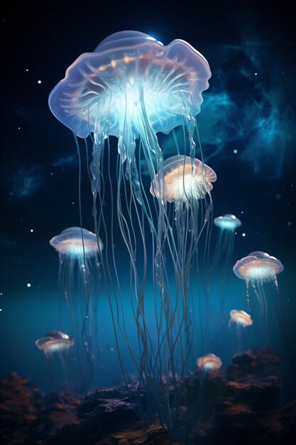View of majestic jellyfish swarm in the ocean