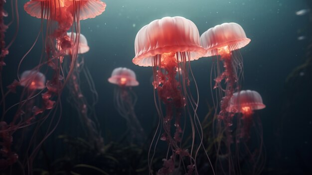 View of majestic jellyfish swarm in the ocean