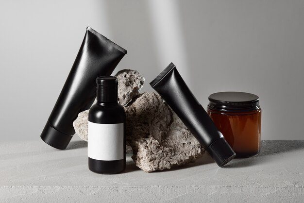 View of male beauty products with rock or stone display