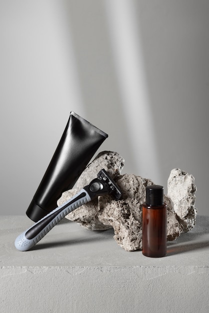 View of male beauty products with rock or stone display