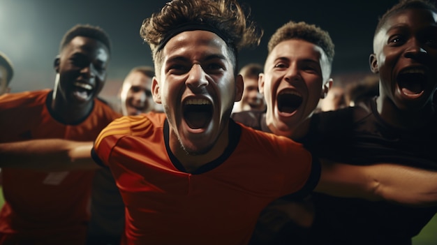 一緒に祝う男性サッカー選手の景色