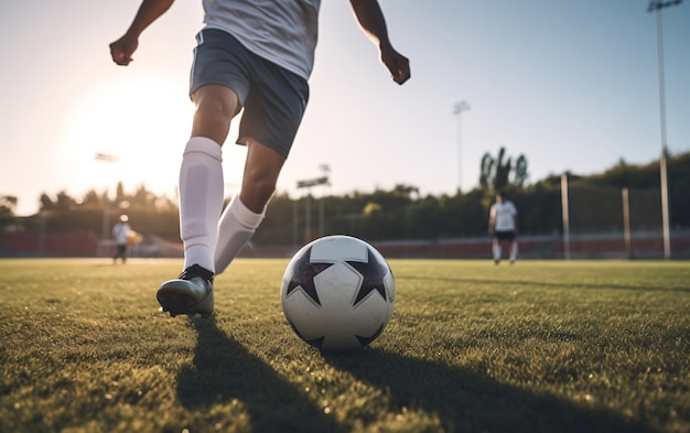 Free photo view of male soccer player with ball on the field