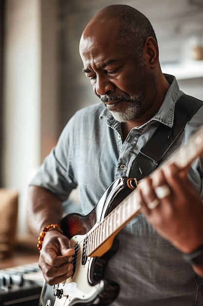 Free photo view of man playing electric guitar instrument