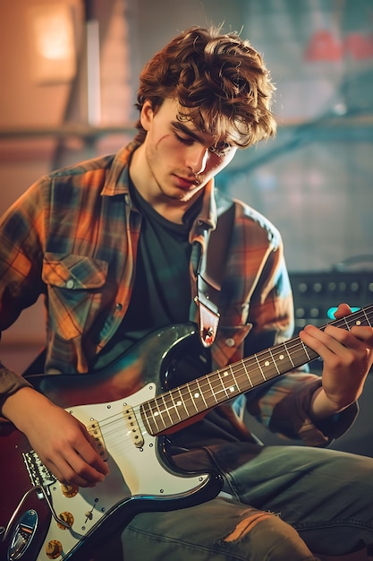 Free photo view of man playing electric guitar instrument