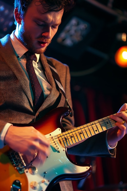 View of man playing electric guitar instrument
