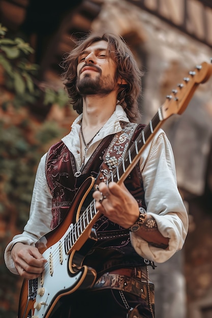 View of man playing electric guitar instrument