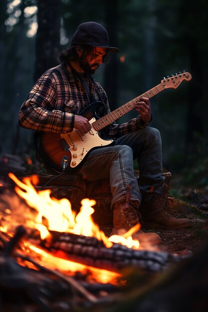 View of man playing electric guitar instrument