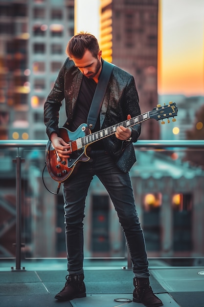 Foto gratuita veduta di un uomo che suona la chitarra elettrica