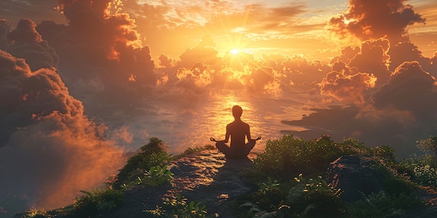View of man practicing mindfulness and yoga in a fantasy setting