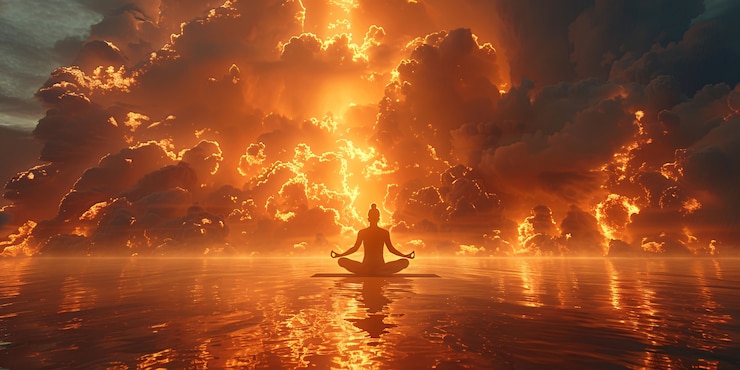 Free Photo view of man practicing mindfulness and yoga in a fantasy setting