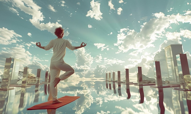 View of man practicing mindfulness and yoga in a fantasy setting