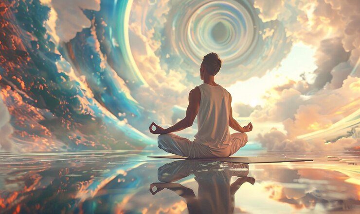 Free Photo view of man practicing mindfulness and yoga in a fantasy setting