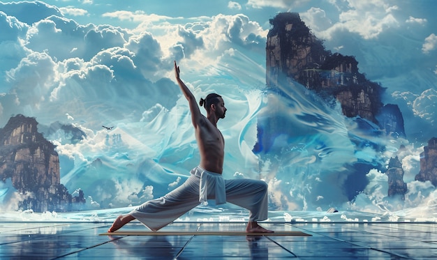 Вид человека, практикующего осознанность и йогу в фантастической обстановке