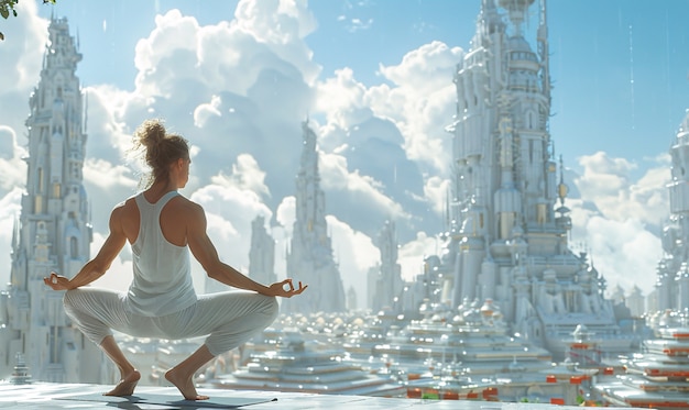 View of man practicing mindfulness and yoga in a fantasy setting