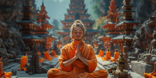 View of man practicing mindfulness and yoga in a fantasy setting