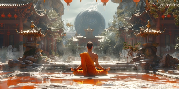 View of man practicing mindfulness and yoga in a fantasy setting