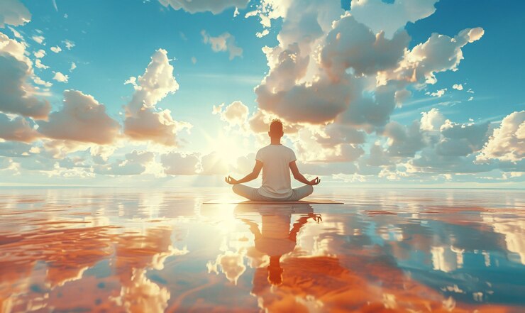 Free Photo view of man practicing mindfulness and yoga in a fantasy setting