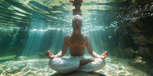 Free photo view of man practicing mindfulness and yoga in a fantasy setting