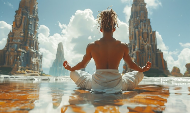 View of man practicing mindfulness and yoga in a fantasy setting