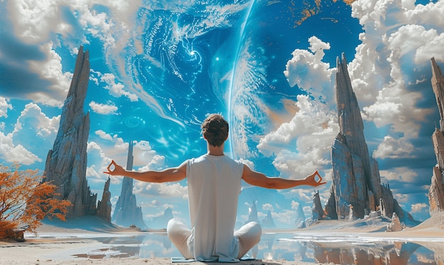 View of man practicing mindfulness and yoga in a fantasy setting