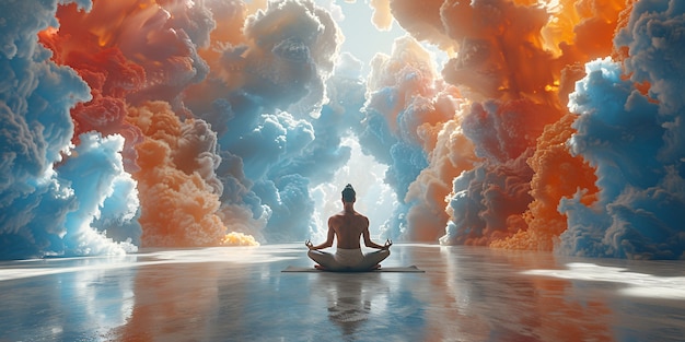 Free photo view of man practicing mindfulness and yoga in a fantasy setting