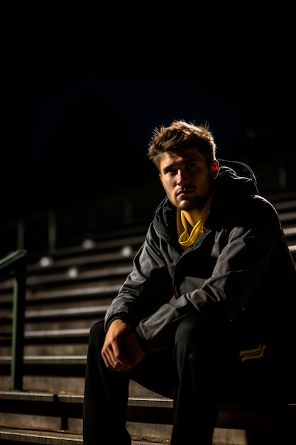 View of man sitting at a soccer game