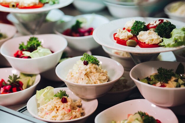 View of many round plates with tasty vegetables dish of salads with tomato onion zucchini tomato and herbs Big delicious for dinner in restaurant