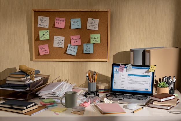 Free photo view of messy office workspace with laptop device