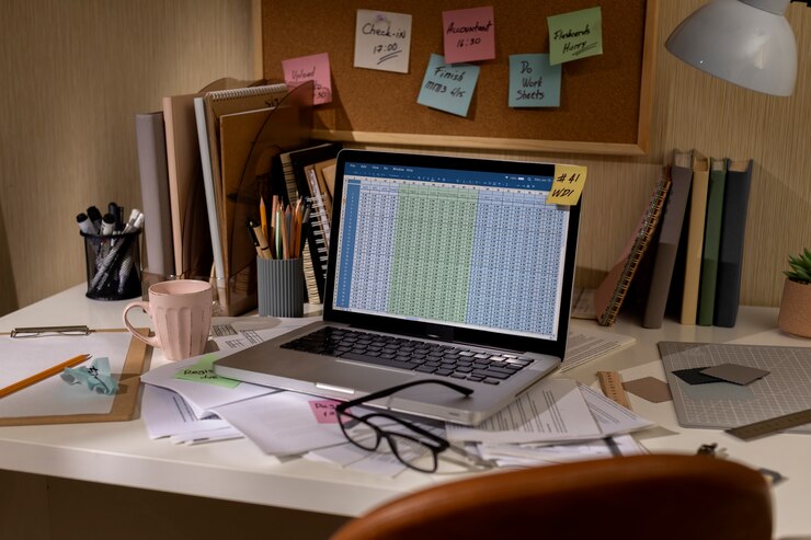 Free Photo view of messy office workspace with laptop device