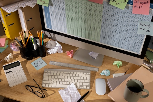 View of messy office workspace with personal computer