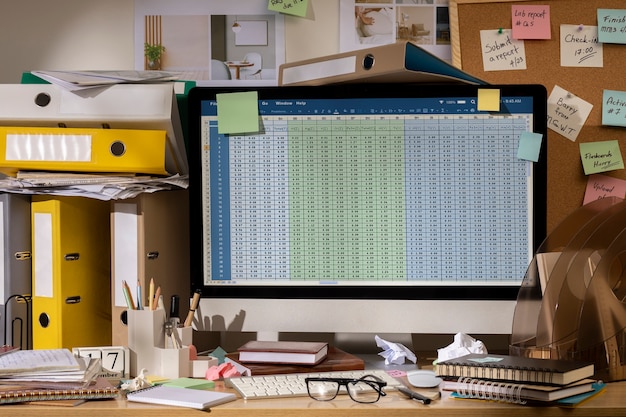 Free photo view of messy office workspace with personal computer