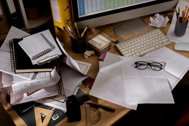 View of messy office workspace with personal computer